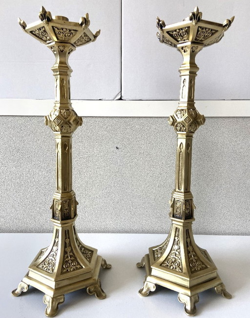 Pair of Antique Neo-Gothic Gilt Bronze Candlesticks
