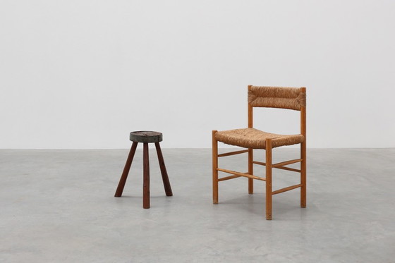 Image 1 of Sgabello francese brutalista a treppiede in rovere massiccio con bordo in metallo, 1850