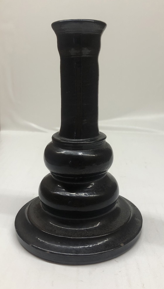 Image 1 of Vintage Black Ceramic Candle Holder Signed AP