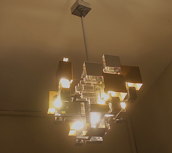 Image 1 of Lámpara de araña cubista moderna italiana de Gaetano Sciolari, década de 1960