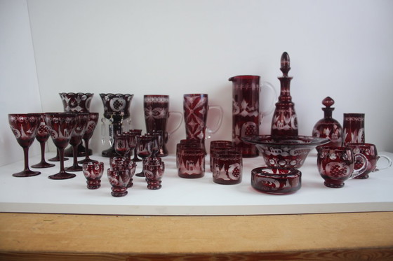 Image 1 of Antique Set of 36 pieces of Artistic cut Ruby red glass, Egermann, 1950's. 