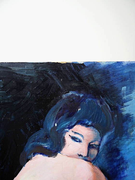 Image 1 of Large painting of a nude woman from behind, modern oil on panel, vintage style