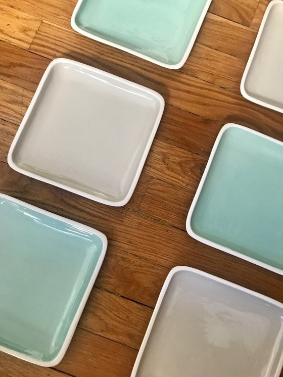 Image 1 of Set di 6 piatti quadrati turchesi e grigi per la cena
