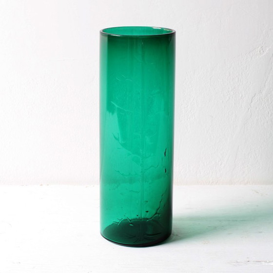 Image 1 of Green Mid-century Glass Vase Ek with Plant Pattern / Björkshults Glasbruk / Sweden / 1970s