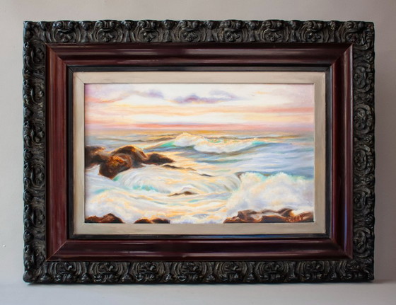 Image 1 of Vintage oil painting of the sea. Seascape in oil. Oil painting of the sea at sunset.