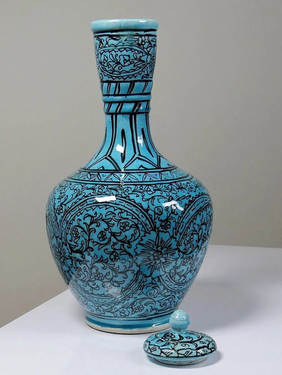 Covered vase or Persian jar, glazed Iznik pottery, vintage turquoise painted., Porcelain, Black (photo 12 of 16)