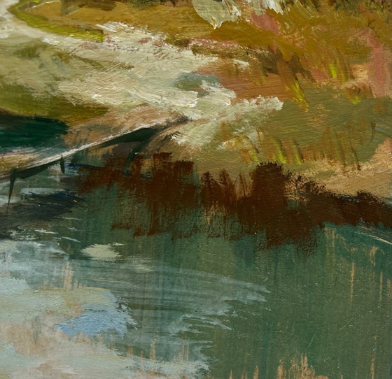 Image 1 of Original Oil Painting Summer Bridge Landscape The road to the village