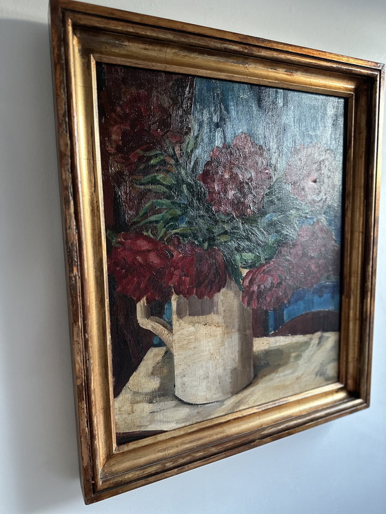 Image 1 of Vintage Oil Painting – Red Peonies in White Jug, Signed FAE, Expressive Floral Still Life, Belgian School Framed Artwork, 20th C