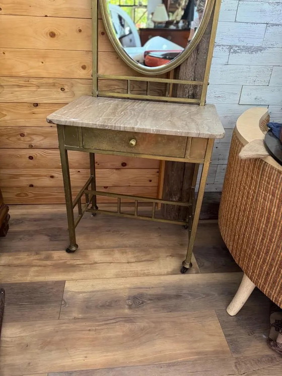 Vintage 1940s French Art Deco Brass And Marble Vanity Table – Dressing tables, Glass (photo 6 of 9)