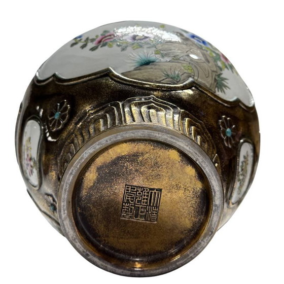 Ensemble de Vases Chinois – Métal avec Panneaux de Porcelaine – Lot 469 – Metal (photo 5 of 10)