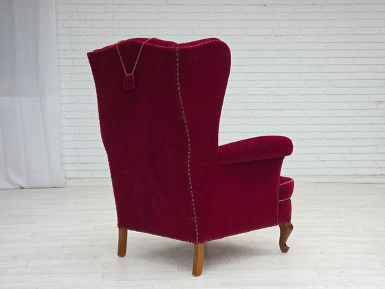 Image 1 of 1960s, Danish highback wingback armchair, cherry-red furniture velour.