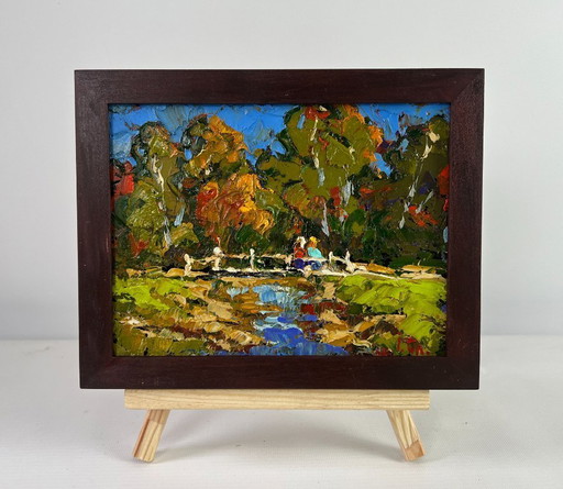 Original Oil Painting Summer Bridge Landscape The path through the silence of the forest