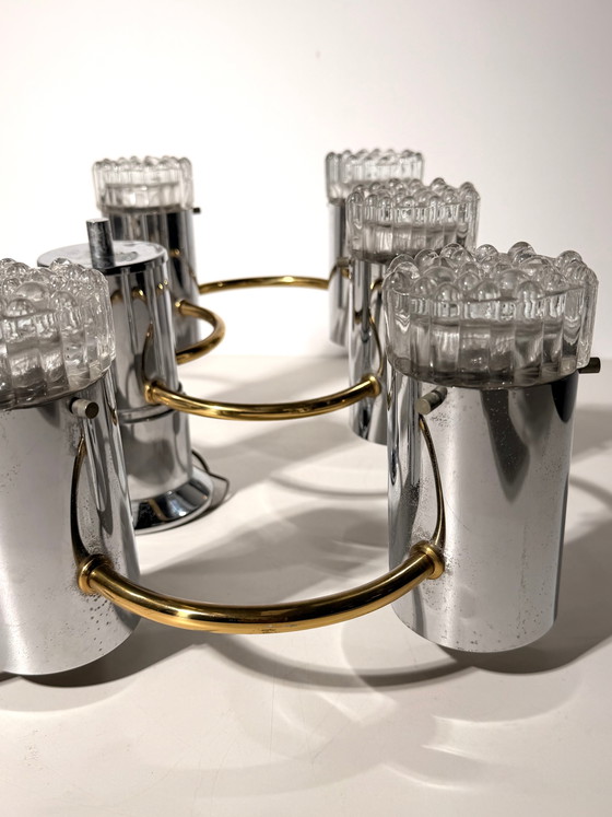 Vintage Duitse kroonluchter uit het ruimtetijdperk met 8 lampen, chroom en messing – jaren 70 – Glass (photo 2 of 5)