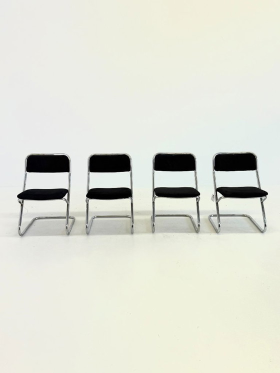 Image 1 of Set of 4 vintage tubular frame dining chairs in black velvet