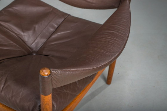 Image 1 of  Mid-Century Modern Danish Oak and Leather Lounge Chairs with Ottoman by Kristian Vedel for Søren Wiladsen, 1960s, Set of 3