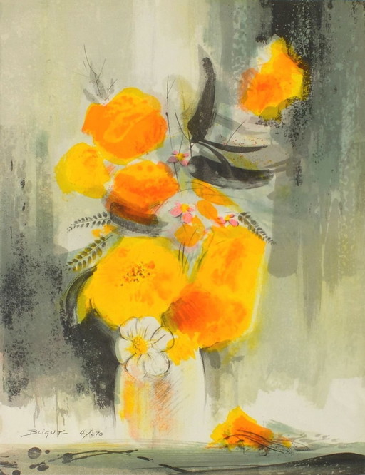 Jean-Claude BLIGNY Fleurs jaunes Litografia firmata 1990