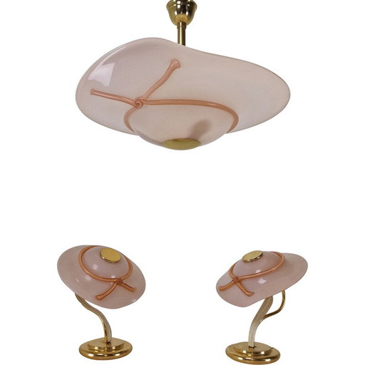 Par de lámparas de mesa vintage con lámpara colgante de cristal de Murano, Italia 1970
