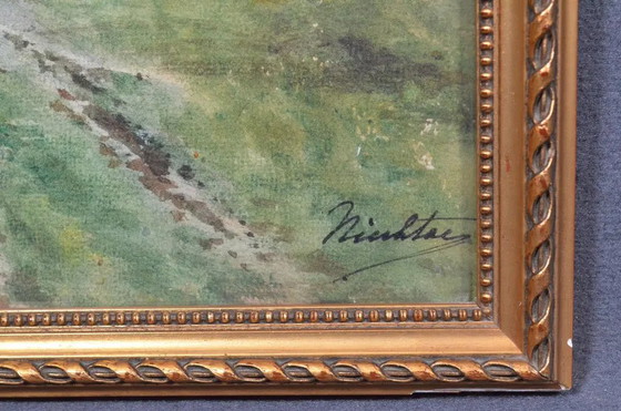 Antique French Signed Watercolor Landscape With Country Path, Gilt Frame, Circa 1900 – Paintings & Drawings (photo 6 of 12)