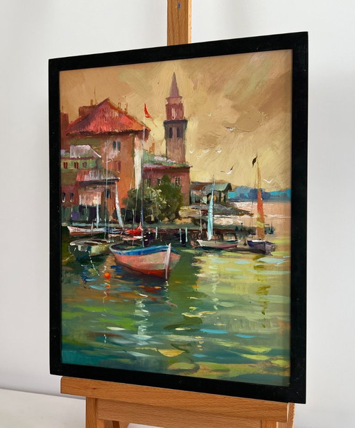Original Oil Painting Evening City Landscape Venice port with sunset