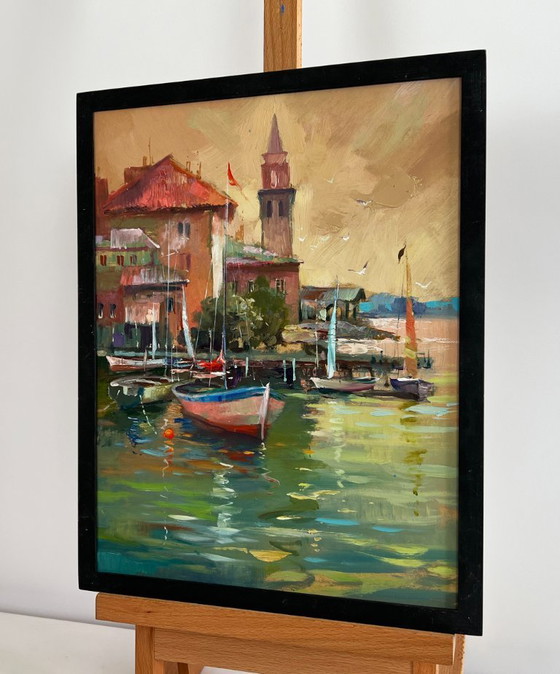 Image 1 of Original Oil Painting Evening City Landscape Venice port with sunset