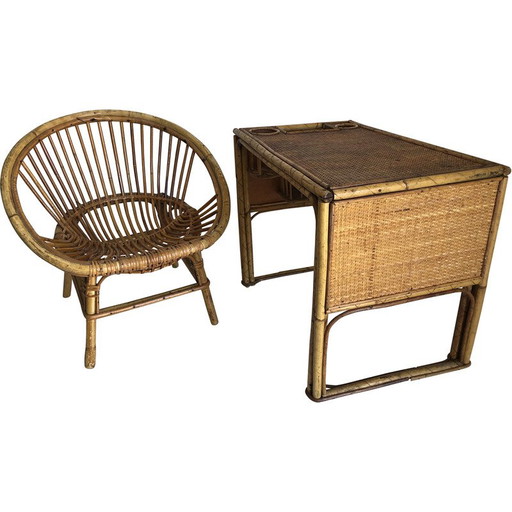 Scrivania e sedia vintage in rattan per bambini
