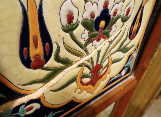 Image 1 of Vintage Longwy multicoloured enamel planter on bamboo wood legs