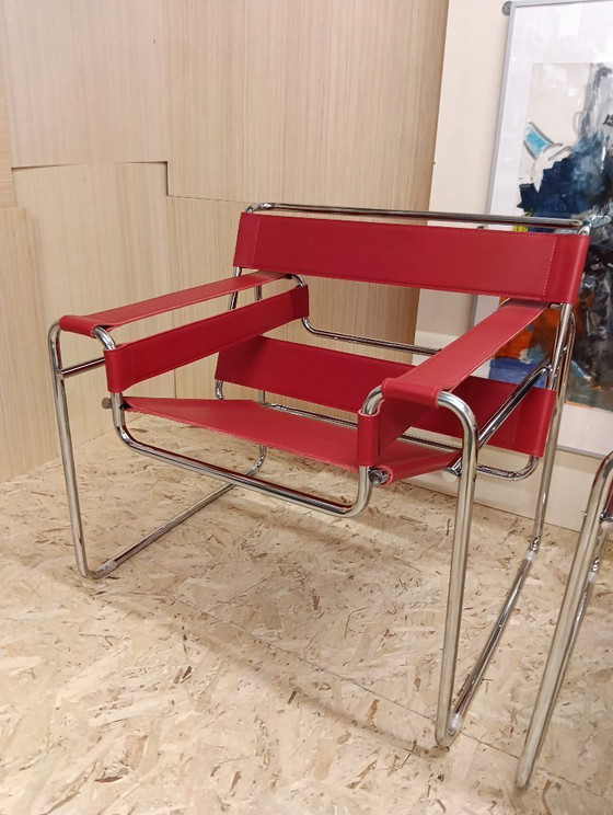 Image 1 of KNOLL Studio Set van 2 WASSILY B3 fauteuils (NIEUW) in rood leer
