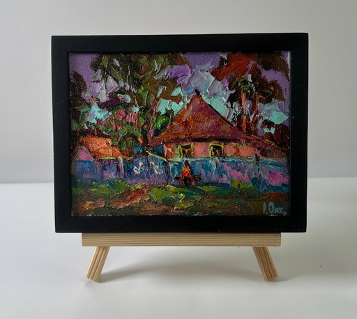 Original Oil Painting Summer Village Landscape Rural Evening in the Yard – schilderijen tekeningen, Canvas