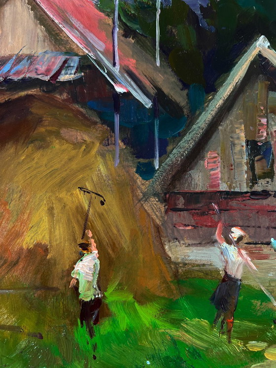 Original Oil Painting Rural Landscape Village Life House On The Mountains – Paintings & Drawings, Mdf (photo 6 of 9)