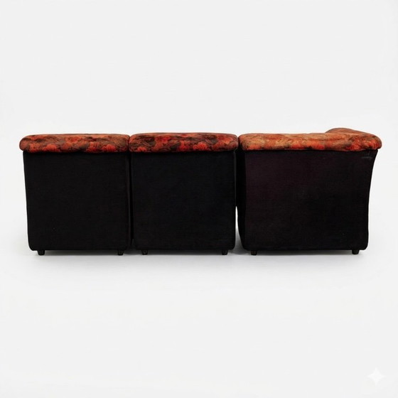 Image 1 of Modular Sofa Set (7 Pieces) — Velour Upholstery in Red-Orange Floral Patter