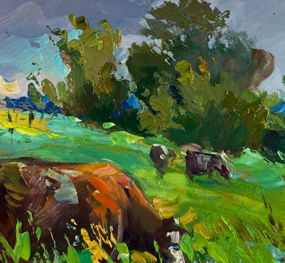 Image 1 of Original Oil Painting Summer Nature Landscape Cows In A Flower Field