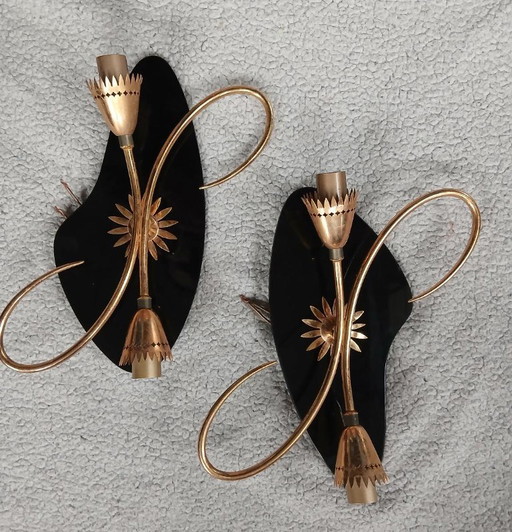 Applique da parete vintage anni '50, ottone dorato e metallo nero, stile retrò