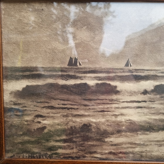 Image 1 of antiek 19e eeuw schilderij Charles J. Hagberg (American Illinois 19e/20e eeuw) sepia zeegezicht