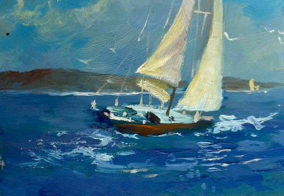 Image 1 of Dipinto ad olio originale, Paesaggio marino estivo, Viaggio in mare e canto degli uccelli