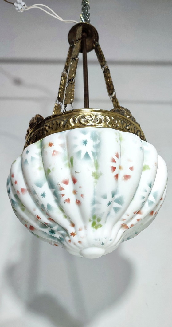 Image 1 of Art Nouveau plafondlamp van messing en glas. Spanje, jaren 1930.