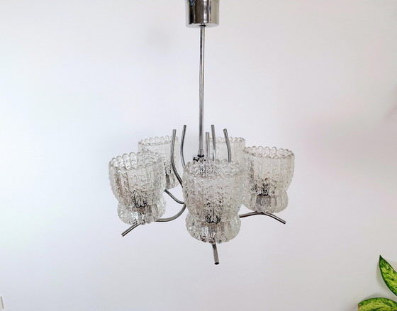 Image 1 of Vintage Pendant Crystal Light, Mid-Century Chandelier, Emi Poljcane with Five Crystal Lampshades