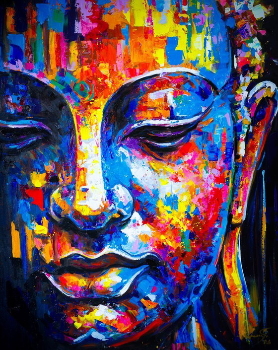 Image 1 of Peinture unique de Bouddha peinte à la main « Équilibre sacré » – Seksak Jaichumchen – 100×120 cm