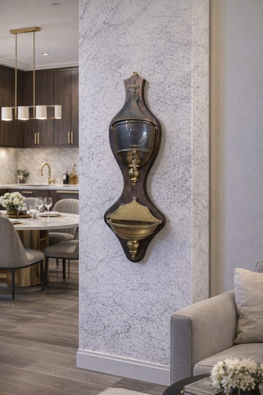 Antique Wall-Mounted Brass and Wood Washbasin with Cross, Early 1900s