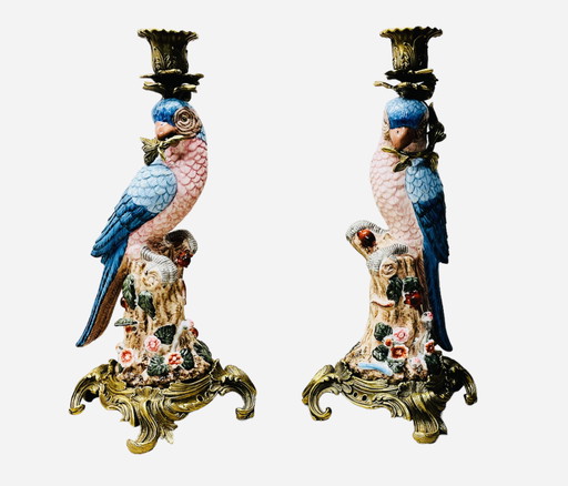 2 x Vintage Kerzenleuchter Papagei Bronze + Porzellan