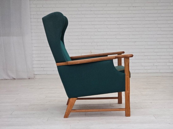 Image 1 of 1970s, Danish high back armchair, furniture wool, solid oak wood.