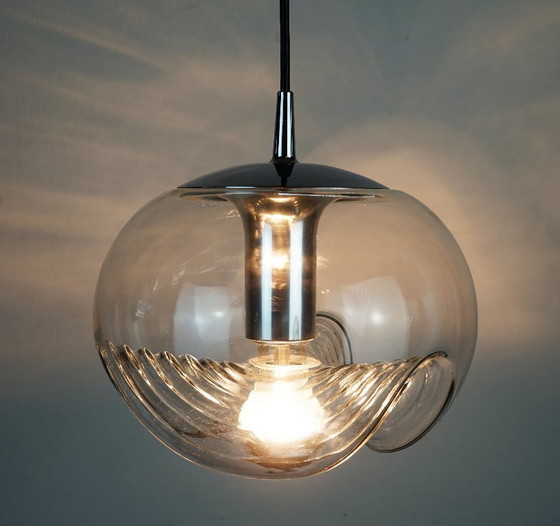 Image 1 of elegant peill & putzler mid century PENDANT LAMP 'wave' clear glass chrome 1960s organic shape