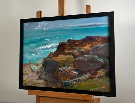 Original Oil Painting Coastal Rock Landscape Sea Symphony of Waves