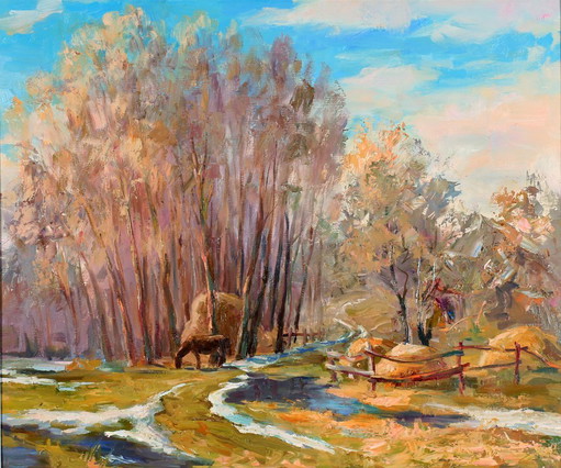 Pintura al Óleo Original Campo Paisaje Rural Pueblo Raky. En Primavera