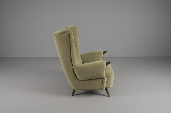Image 1 of Large Green Italian Wood & Fabric Wingback Armchair, 1950s
