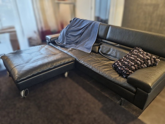 Image 1 of JORI Shiva Black Leather Sofa + Ottoman – Perfect Condition!