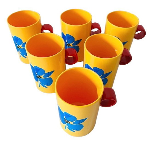 Set of plastic cups Coppia yellow blue flowers 1980's