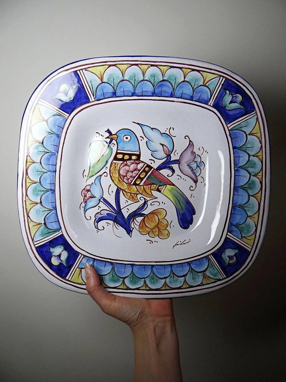 Grande piatto da parete italiano Gubbio decoro uccello ceramica dipinta vintage, Stoviglie, Cromo (foto 3 di 12)