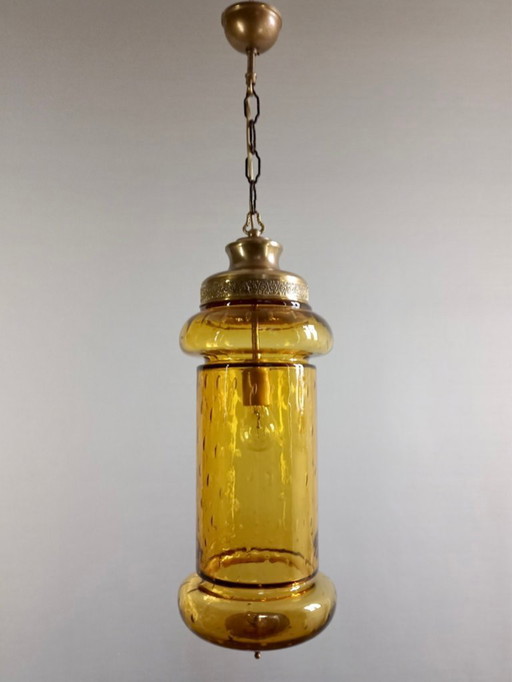 Grande lanterna a una luce in vetro soffiato di Murano "Bulicante" della fine degli anni '50 con struttura in ottone.