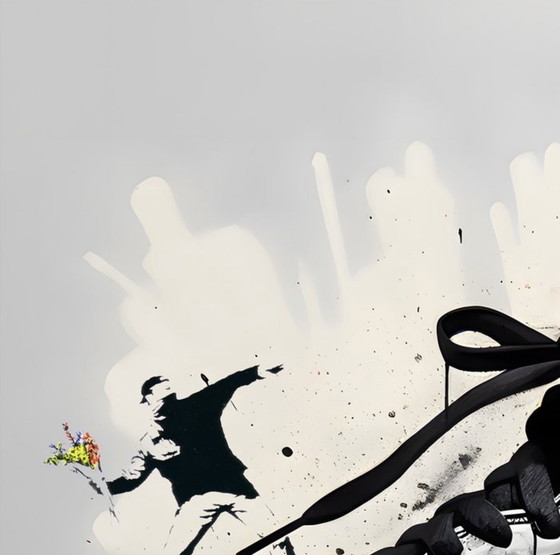 Image 1 of Treize : « Nike Jordan par Banksy ». ​​Signée à la main, édition 6/10. Glicée sur toile. Cadre et système de suspension inclus.