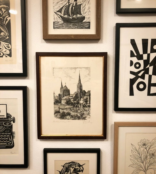 Recuerdo atemporal de Aquisgrán: Grabado de Elisenbrunnen firmado a mano (aprox. 1970) – Raro e histórico